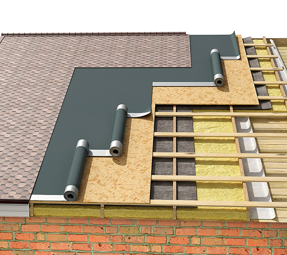 roof construction materials and layers showing insulation waterproofing and shingles for durability and protection