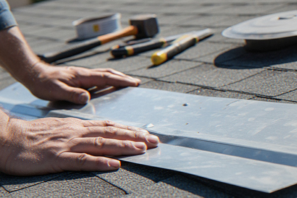 hands applying metal flashing on a roof with various tools nearby for roofing repairs