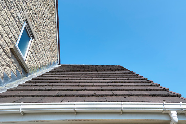 view of a sloped roof with dark tiles and a clear blue sky adjacent building visible emphasize roof maintenance and structure durability 2