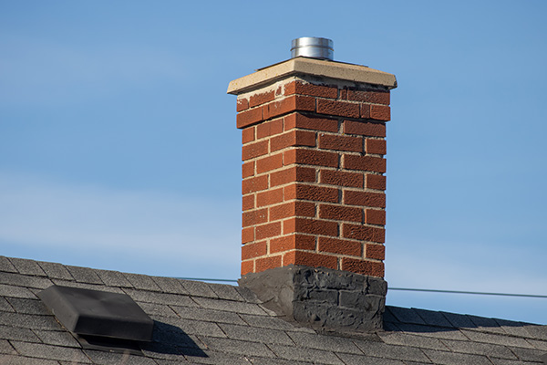 brick chimney on a roof against a blue sky with three distinctive sections visible